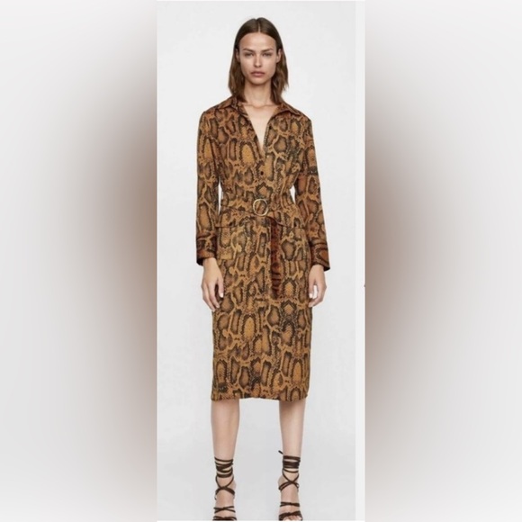 Zara Dresses & Skirts - Zara - NWT Snakeskin Gold Black Button Down Two Pocket Long Sleeve Maxi Medium